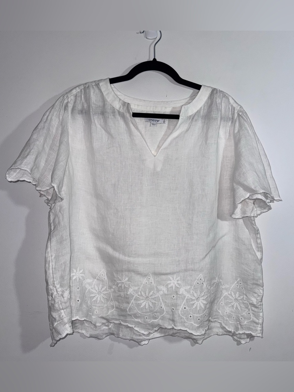 Chico’s White 100% Linen Eyelet Embroidered Flutter Sleeve Blouse Top Size 12